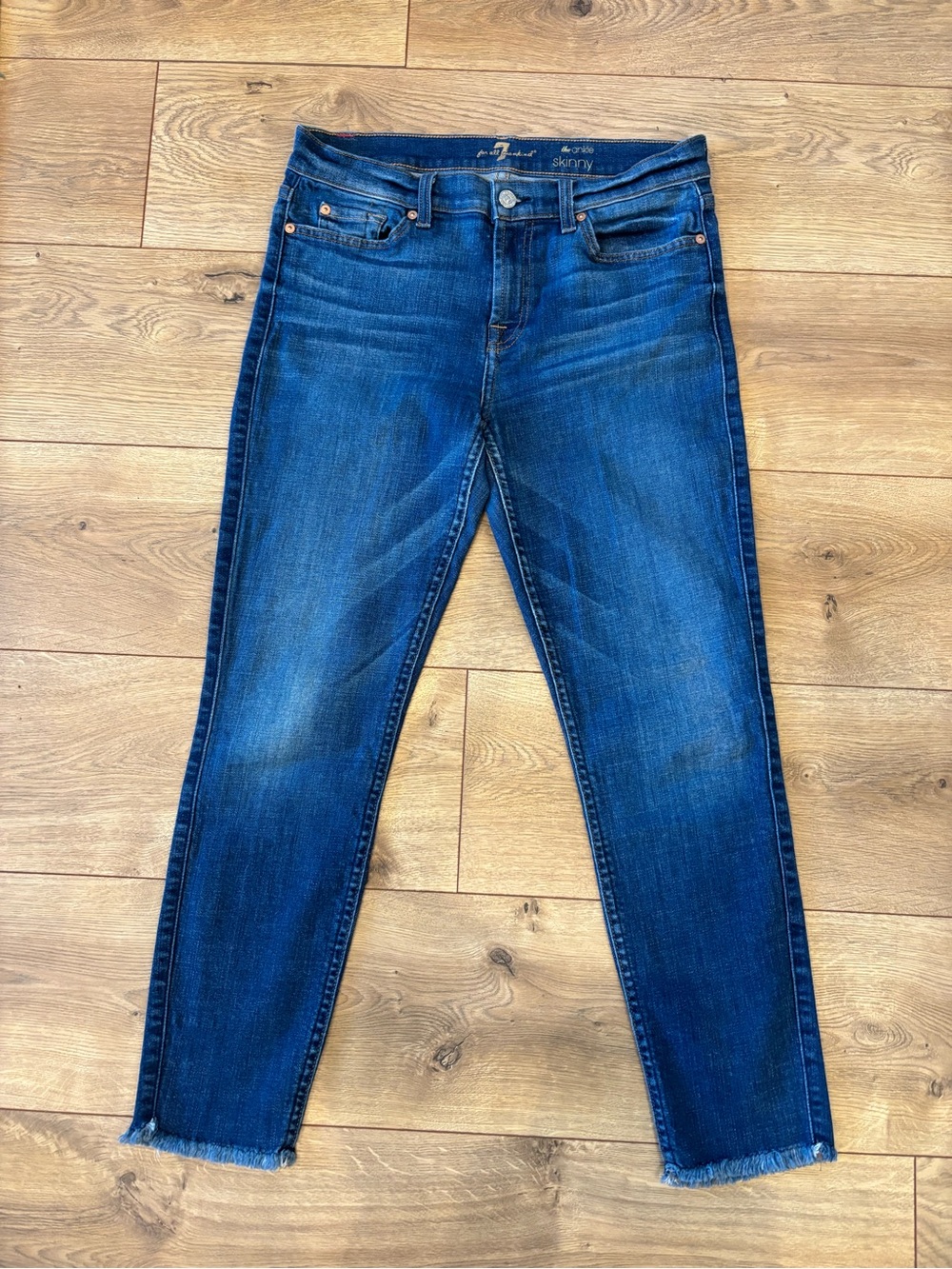 7 For All Mankind Dark Blue The Ankle Skinny Jeans Raw Fringed Hem